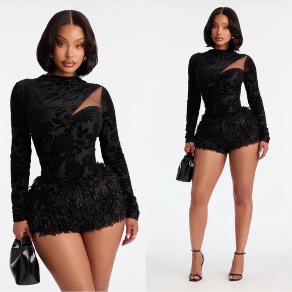 Fashion Nova Tops - Midnight Bloom Flocked Mesh Bodysuit